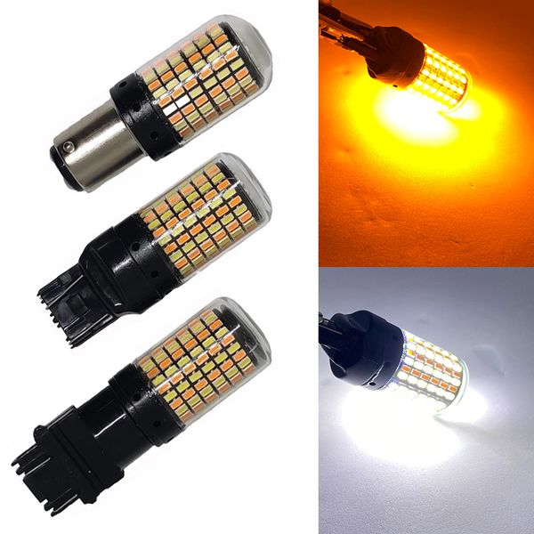 

new 1pcs signal lamp p21w led 7443 3157 bulb 168smd canbus brake light 1157 led bay15d p21/5w white amber dual color light 12v