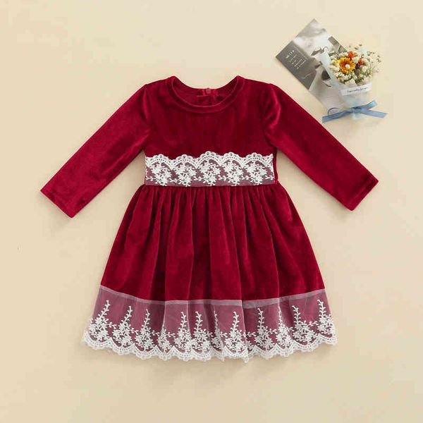 

princess party kids baby girls dress christmas birthday toddler girl velvet long sleeve lace hem dress ball gown for spring fall l220715, Red;yellow