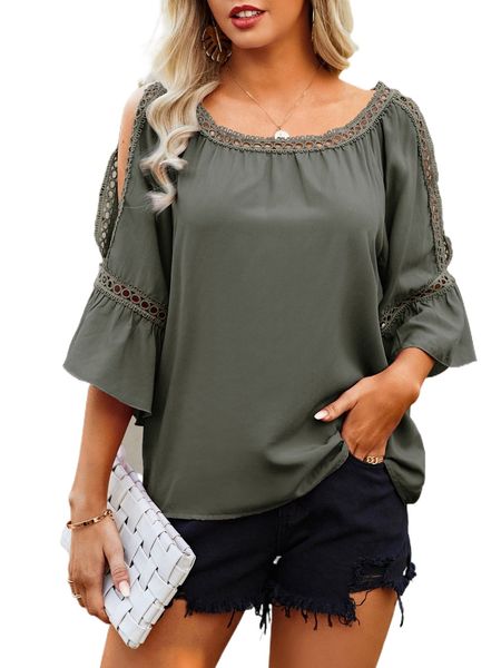 

split detail flounce sleeve scoop neck blouse u63r#, White