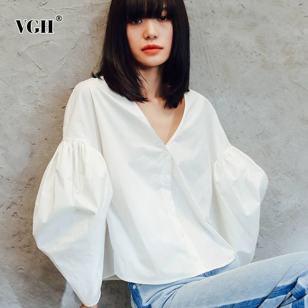 

solid casual straight shirts for women v neck lantern long sleeve short minimalist blouses female spring fashion clothes 210507, White
