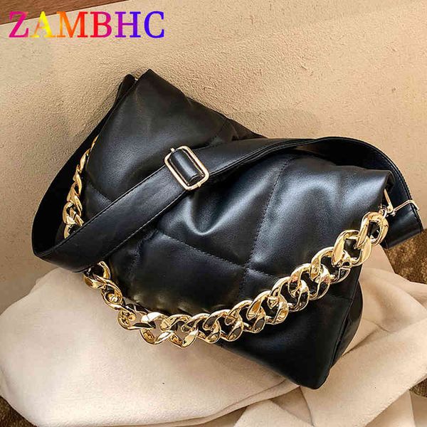 

fashion thick chain design pu leather shoulder messenger bags for women 2022 winter quilted padded handbag luxury brand sac