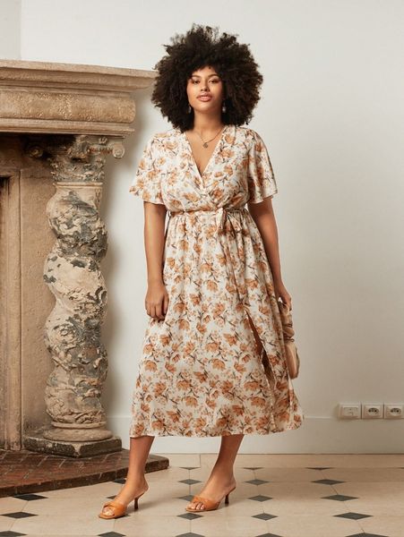 

plus floral print surplice neck split thigh belted dress r08g#, Black