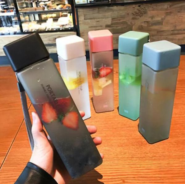 

transparent square plastic matte water bottles outdoor cold juice waters sports cup milk cups with portable rope more colors