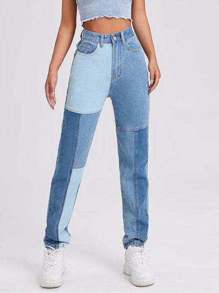 

street high waist jeans women's straight pants trend, Blue