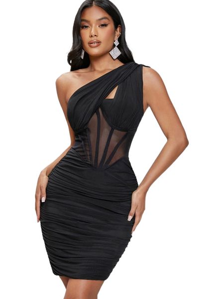 

bae one shoulder seam front ruched mesh overlay dress d8pe#, Black;gray