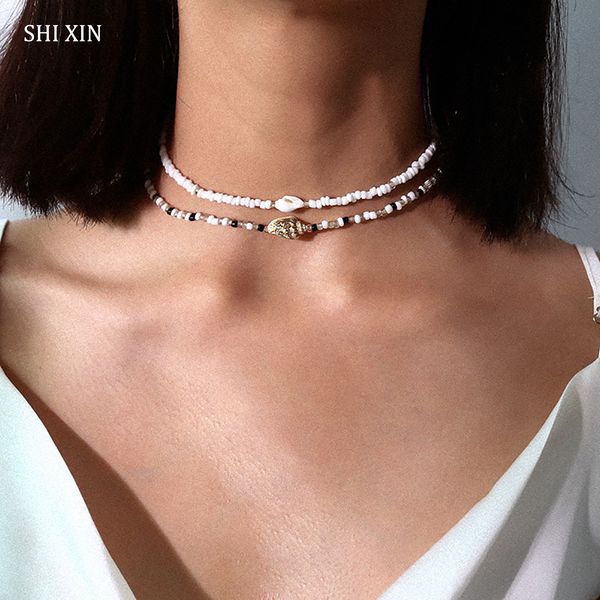 

separable 2 layered white/black beads necklaces korean small beaded conch shell choker necklace for women fashion collar, Silver