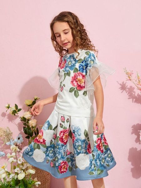 

girls mesh ruffle trim floral print & boxy pleated skirt she, White