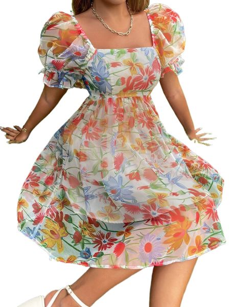 

allover floral print square neck puff sleeve dress r382#, Black;gray