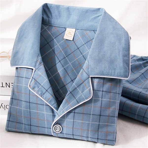 

new autumn men pajamas 100 cotton bedgown fashion sleepwear pijama man s warm bedroom home clothes pj plaid pure cotton pajamas lj201113, Black;brown