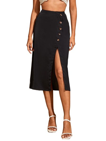 

button side wrap hem skirt 35cr#, Black