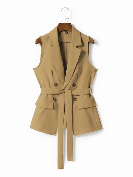 

lapel collar double button placket flap detail belted vest blazer s9fz#, White