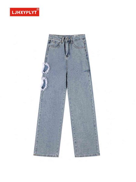 Zerrissene Liebe Spitze Lila Jeans frauen Sommer Dünne Design Hohe Taille Gerade Hong Kong Stil Lose All-match Denim weibliche Hosen L220726