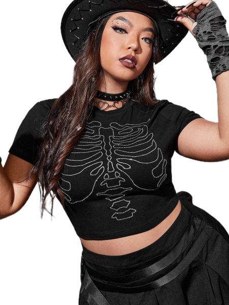 

plus rhinestone skeleton crop tee h1tb#, Black
