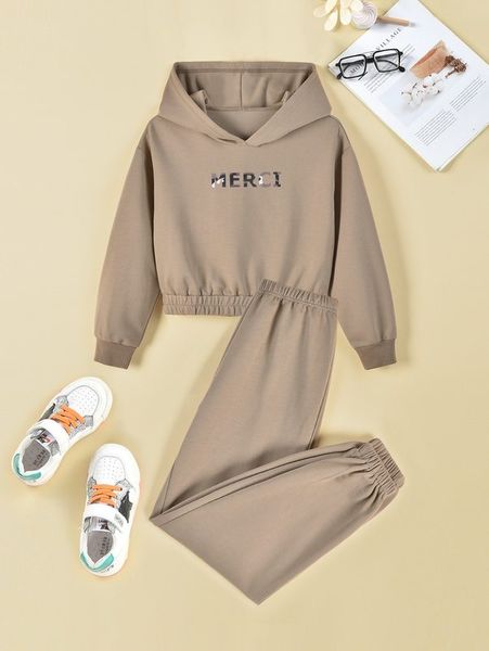

girls letter graphic thermal hoodie & sweatpants she, White