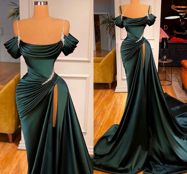 Hunter Green Mermaid Prom Abendkleider mit langem Schwanz 2022 Sexy High Slit Beaded Stain Off Shoulder Abendempfang Partykleider