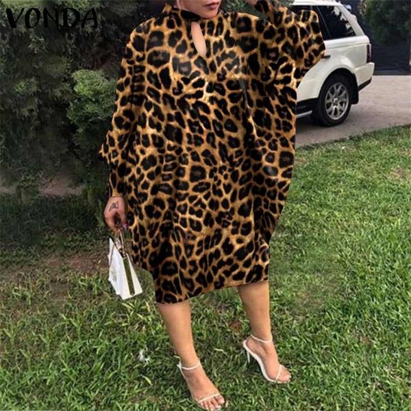 

party dress robe women long sleeve leopard print midi dress vonda autumn casual loose holiday long shirt vestido oversized 220409, Black;gray