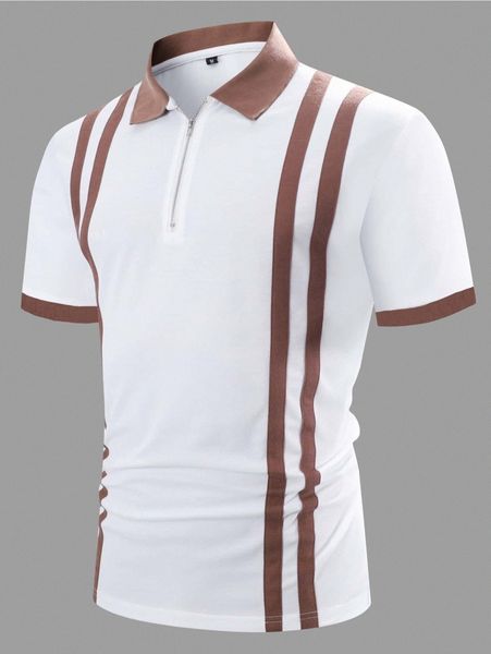 

men striped contrast collar quarter zip polo shirt i24d#, White;black