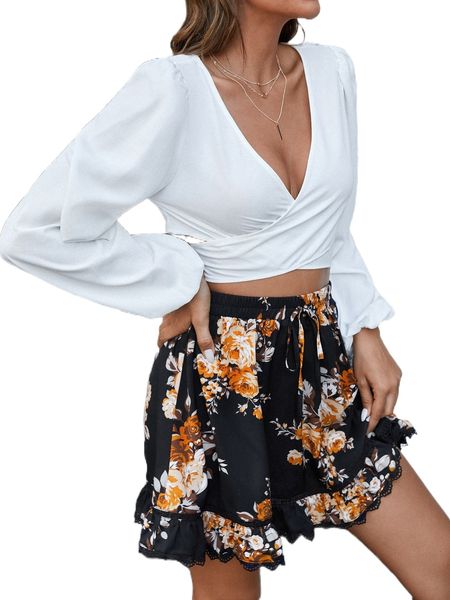 

surplice neck tie back crop & floral print drawstring front skirt 363u#, White