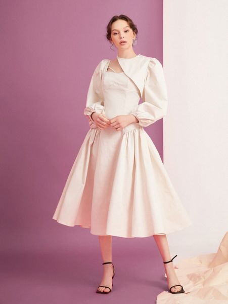 

x oxana asymmetrical neck bishop sleeve flared hem dress x8do#, Black;gray