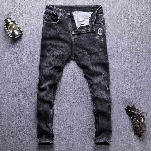

men's jeans trendy men's jeans black grey embroidered street trendy slim fit small foot hole men i8bi, Blue