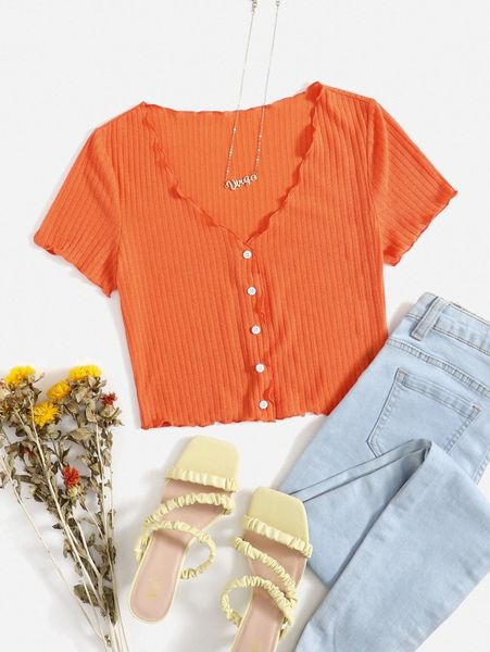 

buttoned front lettuce trim rib-knit tee o1hh#, White