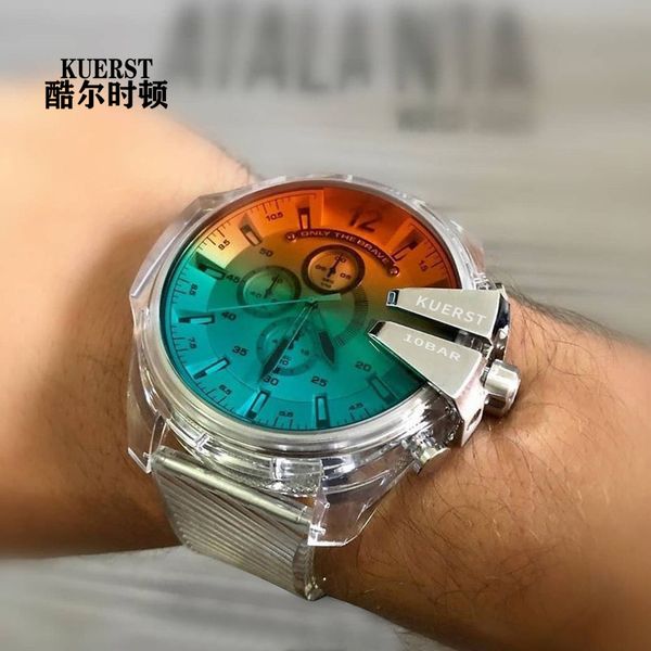 

men's waterproof watch mega chief steel plastic 52mm case clear polyurethane strap acrylic quartz chronograph wristwatch, Slivery;brown