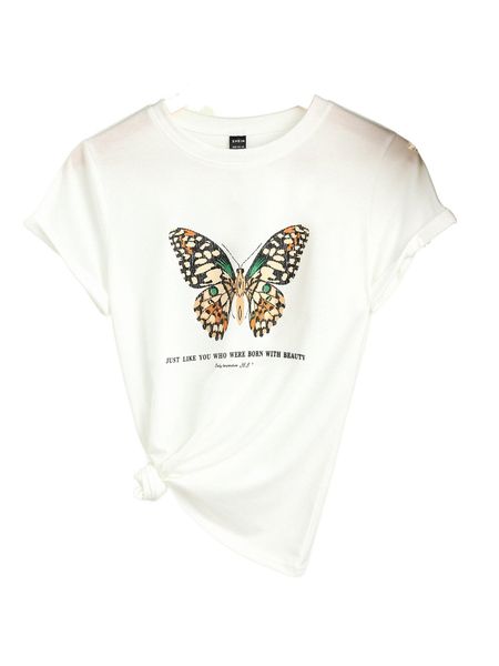 

butterfly & slogan graphic tee d6ch#, White