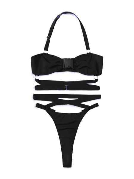 

romwe cyber luvr solid buckle criss cross halter lingerie set w5nk#, Black;red