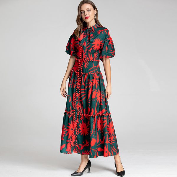 

women's runway dresses turn down collar short sleeves printed high street fashion dress vestidos, Black