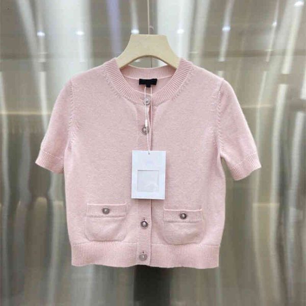 

women's knits tees pink knitted cardigan women's round neck short sleeve thin cashmere sweet temperament celebrity small fragrance, White