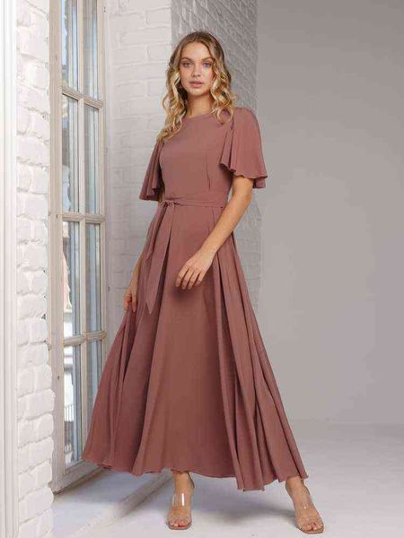 

elegant maxi long party dresses women flare short sleeve o neck sashes a line dress 2022 solid fashion summer floor-length dress y220413, Black;gray