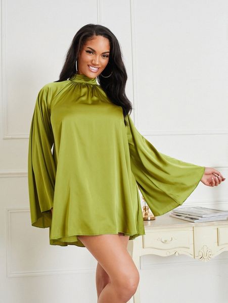 

sxy mock neck cut out back bell sleeve satin dress u7nc#, Black;gray