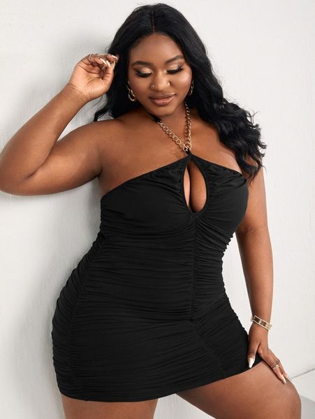 

sxy plus chain detail cut out bodycon dress b7fm#, Black
