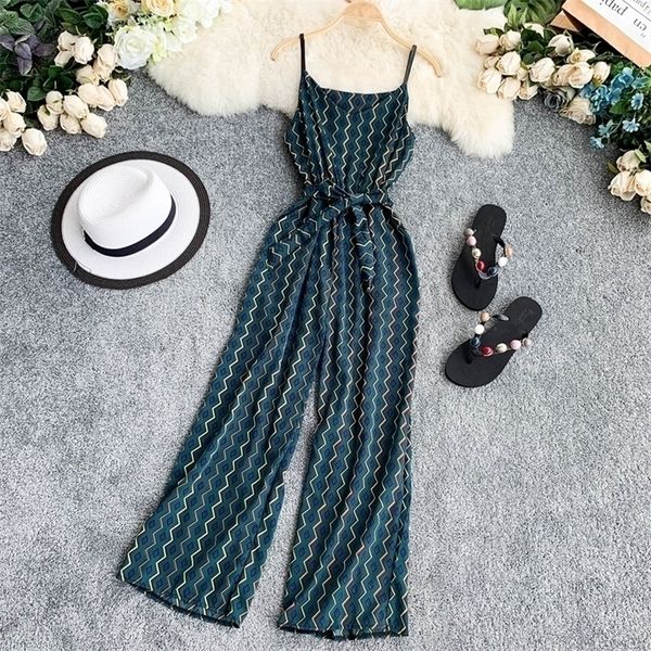 

women vintage jumpsuits new summer spaghetti strap sleeveless pants beach playsuits geometric pattern print romper overalls t200509, Black;white