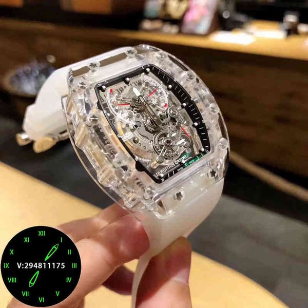 

luxury richarmille watches mechanical watch swiss movement casual men's transparent personality full hollow crystal luminous waterproof, Slivery;black