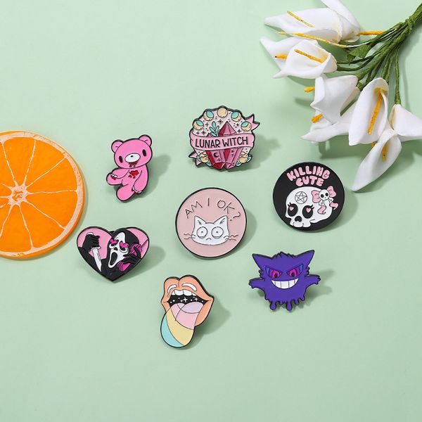 

skull heart pink bear brooch alloy round cat letters lapel pins animal monster enamel corsage badges for backpack sweater clothes brooches, Gray