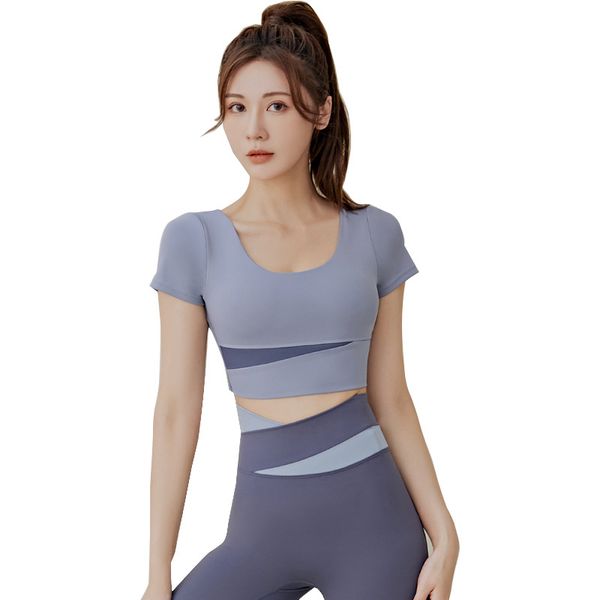 

women's color blocking short yoga suit sports tight naked feeling with breast pad quick drying running fitness short sleeve, White;black
