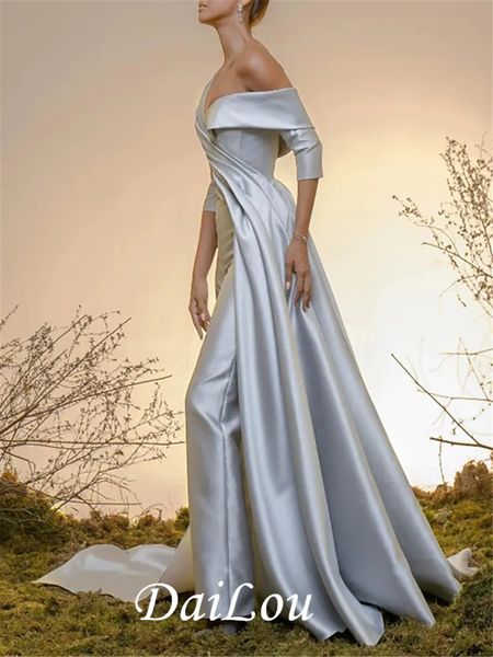 

jumpsuits minimalist elegant prom dresses engagement evening dress off shoulder half sleeve court train satin with pleats overskirt 2022, Black