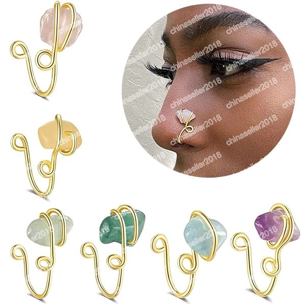 Pedra Cristal Natural Colorido Falso Piercing Nariz Ring Clipe de Cobre Ear Nariz Anel Ear Clipe Cuffs Body Jóias