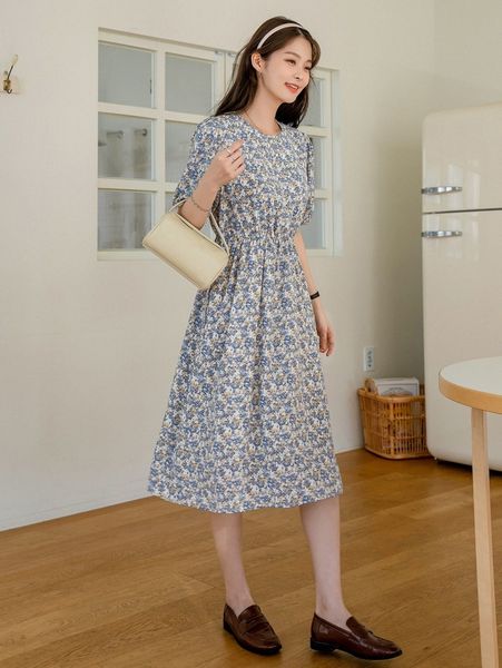 

dazy floral print puff sleeve keyhole back dress u54n#, Black;gray