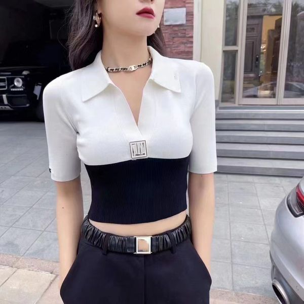 

women's knits & tees designer spring and summer 2022 new style small fragrance polo lapel color matching v-neck button decorative knitt, White