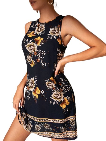 

tall floral print keyhole back dress 98ib#, Black;gray