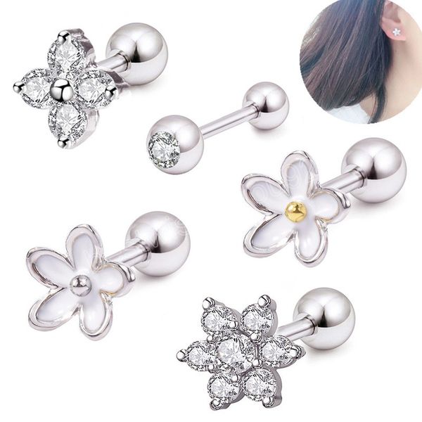

stud earrings for women flower tragus cartilage earring set zircon stainless steel helix crystal piercing body jewelry, Golden;silver