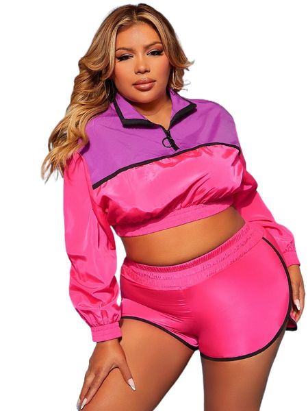 

sxy plus half zip drop shoulder two tone jacket & shorts set x30k#, Black