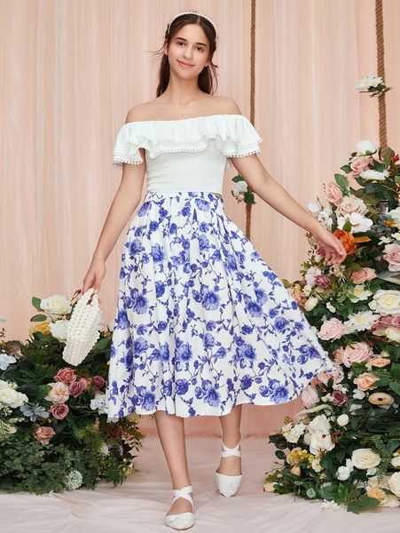 

teen girls off shoulder ruffle trim & allover floral print skirt she, White