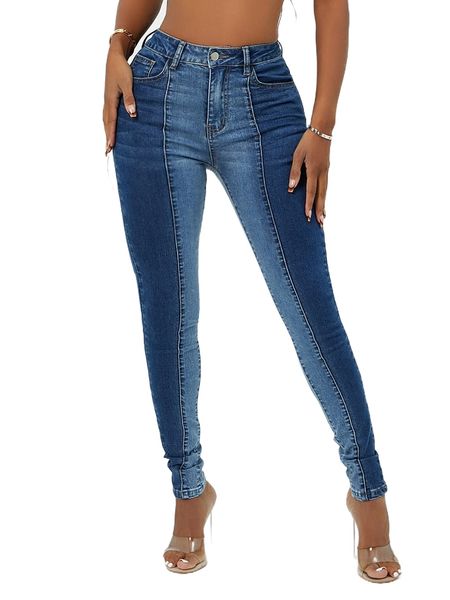 

sxy high waist colorblock skinny jeans q6fh#, Blue