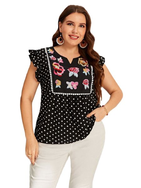 

plus polka dot floral embroidery ruffle sleeve notched neck peplum blouse a0xz#, Black