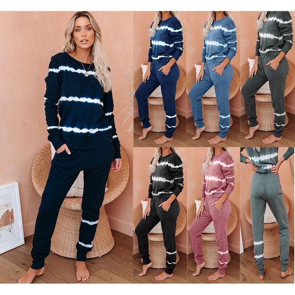 

two piece dress home pajamas women's long sleeved trousers pair stripe tie dye gradient clothes jr23, White