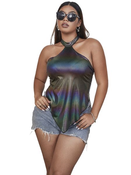 

plus tie backless hanky hem metallic halter 03br#, Black