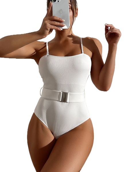 

plain rib belted one piece swimsuit q0th#, White;black